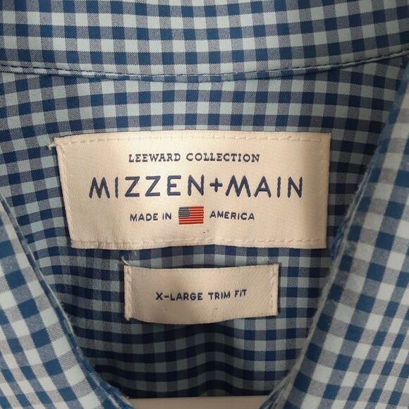 Mizzen + Main Adult Mens XL Trim Fit Blue Check Long Sleeve Button Up Shirt - Picture 3 of 7